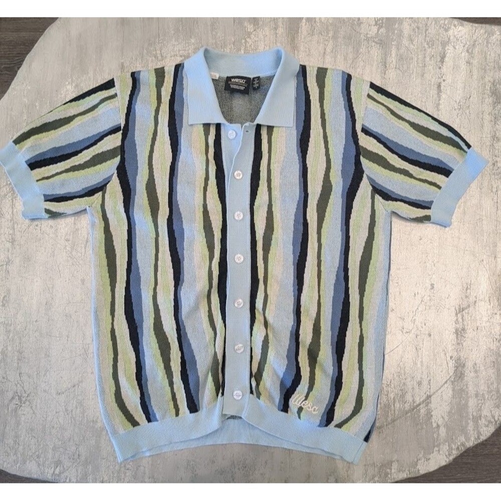 WeSC Mens M Knit Polo Shirt Retro Wavy Stripe Button Front Cotton Blue Green